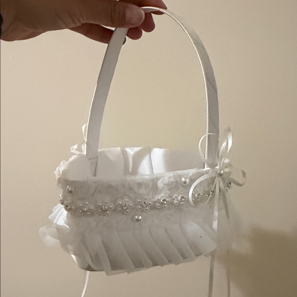 White Bridal Flower Girl Basket with Pearl & Crystal Trim Heart shape